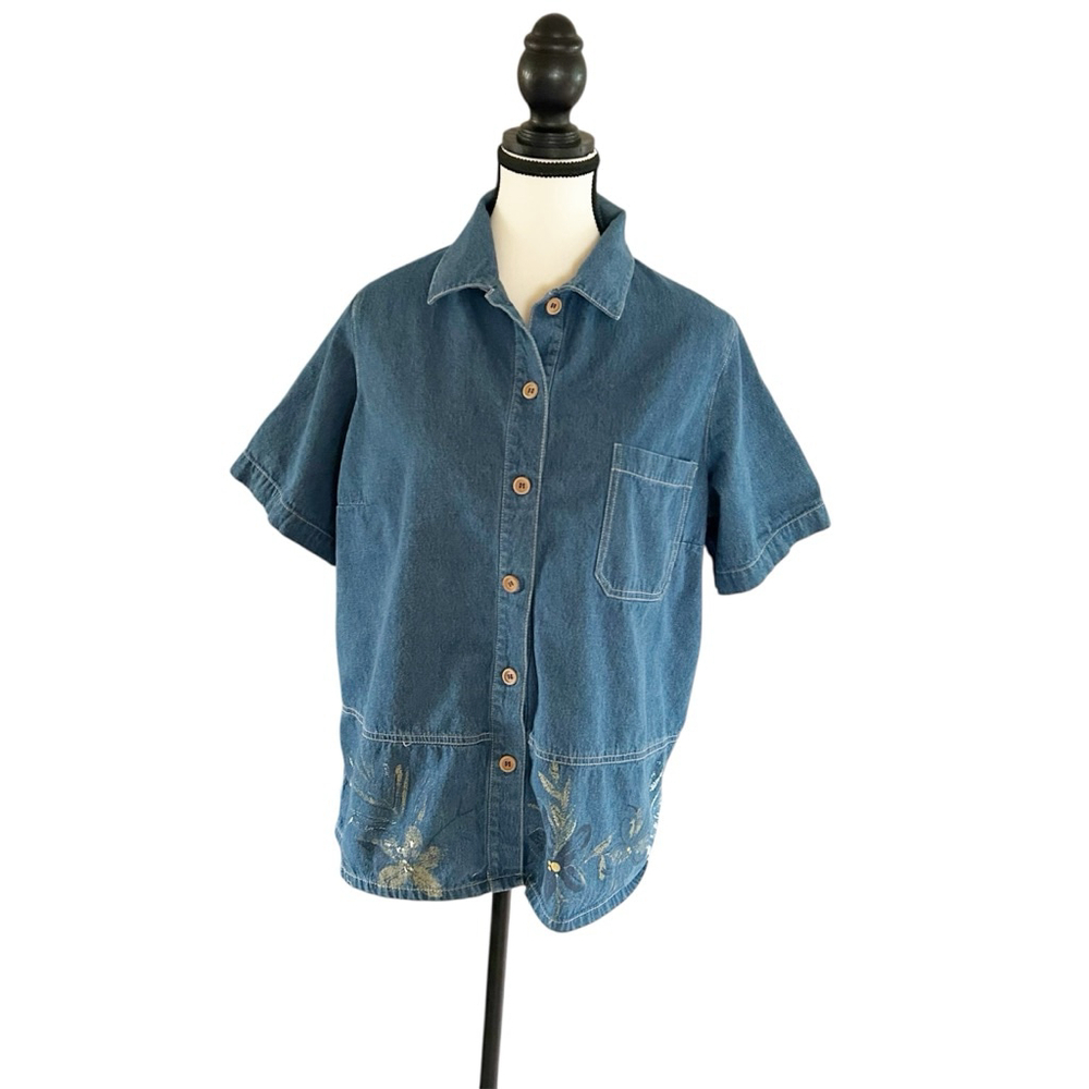 Vintage 90's East West Plus Floral Denim Button-Up Shirt Size 1X Cotton Retro